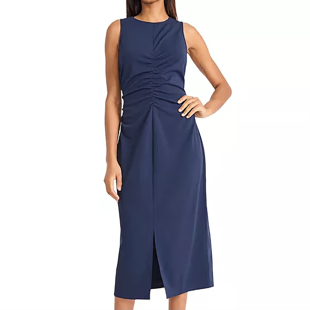 Donna Morgan Ruched Sleeveless Midi Crewneck Sheath‎ Navy Dress Womens 12 NWT